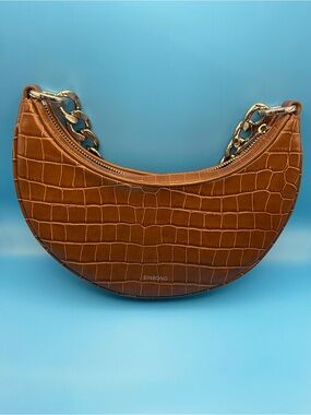 Sinbono Croc-Embossed Crescent Shoulder Bag in Brown